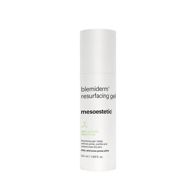 blemiderm® resurfacing gel ANTI-BLEMISH SOLUTIONS Regenerierendes Gel für Mischhaut, fettige und zu Akne neigende Haut. Verfeinert die Poren, reinigt die Haut und verleiht ihr eine bessere Struktur. Gel mit Salicylsäure und Glykolsäure. 50 ml
