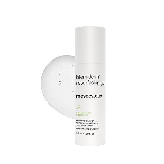 blemiderm® resurfacing gel ANTI-BLEMISH SOLUTIONS Regenerierendes Gel für Mischhaut, fettige und zu Akne neigende Haut. Verfeinert die Poren, reinigt die Haut und verleiht ihr eine bessere Struktur. Gel mit Salicylsäure und Glykolsäure. 50 ml