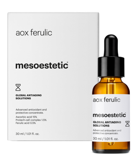 aox ferulic GLOBAL ANTIAGING SOLUTIONS Ein einzigartiges Zellschutzkonzentrat mit einer exklusiven Formel. Das Tagesserum wirkt antioxidant, gegen die frühzeitige Lichtalterung, schützt die Zellen und verleiht der Haut Leuchtkraft. 30 ml