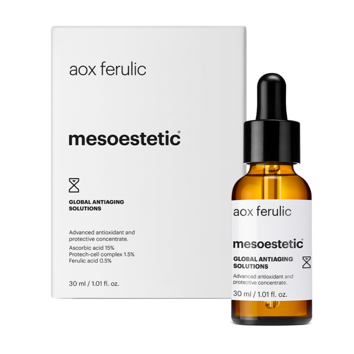 aox ferulic GLOBAL ANTIAGING SOLUTIONS Ein einzigartiges Zellschutzkonzentrat mit einer exklusiven Formel. Das Tagesserum wirkt antioxidant, gegen die frühzeitige Lichtalterung, schützt die Zellen und verleiht der Haut Leuchtkraft. 30 ml