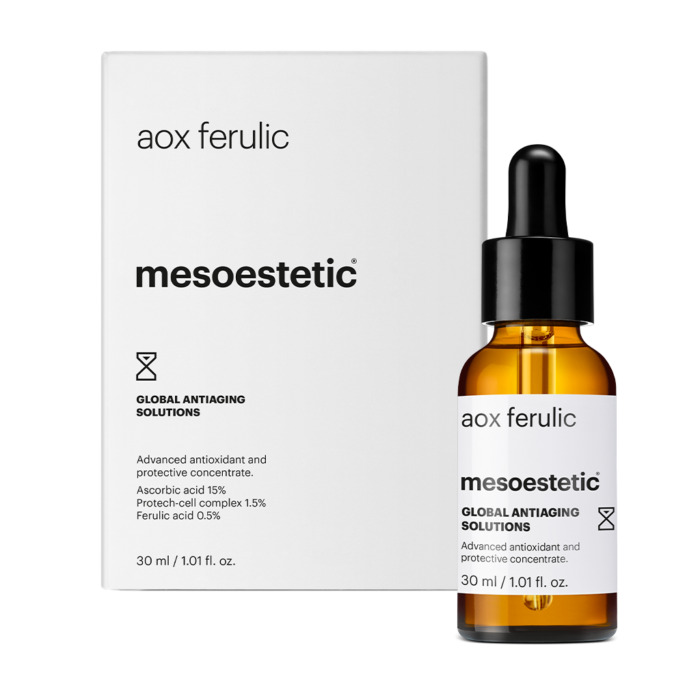 aox ferulic GLOBAL ANTIAGING SOLUTIONS Ein einzigartiges Zellschutzkonzentrat mit einer exklusiven Formel. Das Tagesserum wirkt antioxidant, gegen die frühzeitige Lichtalterung, schützt die Zellen und verleiht der Haut Leuchtkraft. 30 ml