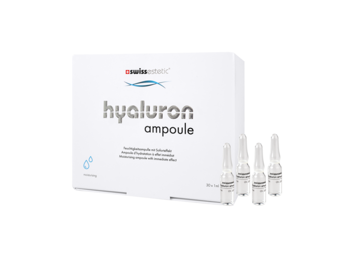 Verpackung und Glasampullen der swissestetic Hyaluron Ampoule – feuchtigkeitsspendende Ampullen mit Soforteffekt, 30 × 1 ml.