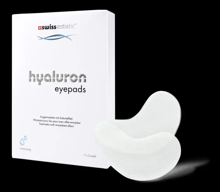 Verpackung und einzelne Pads der swissestetic Hyaluron Eyepads – feuchtigkeitsspendende Augenpads mit Soforteffekt, 7 × 2 Stück.