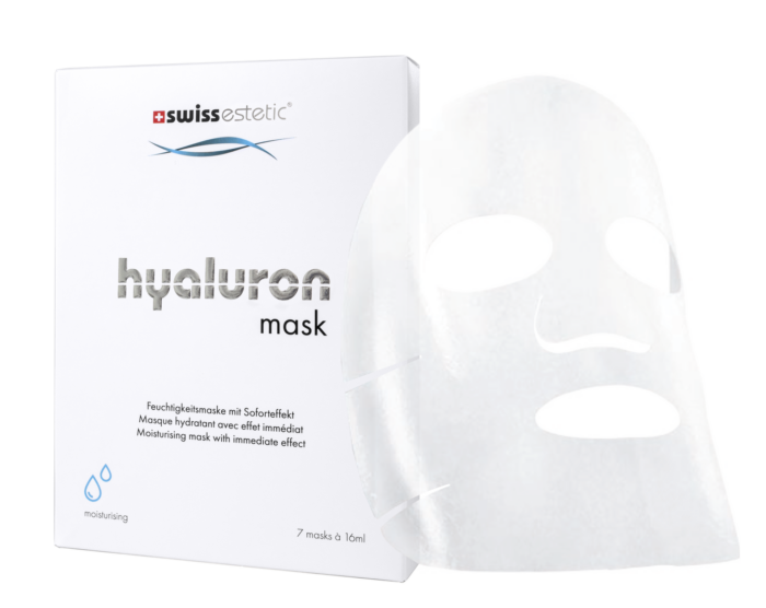 Verpackung und Tuchmaske der swissestetic Hyaluron Mask – feuchtigkeitsspendende Gesichtsmaske mit Soforteffekt, 7 × 16 ml.