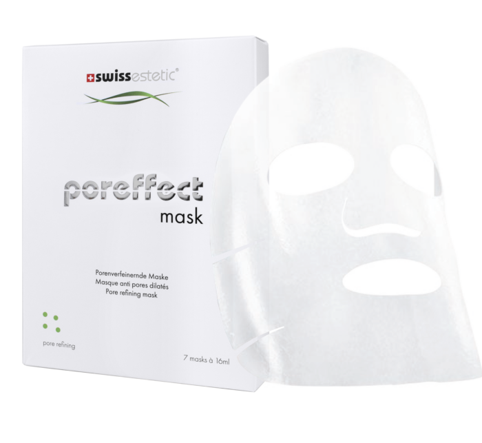 swissestetic poreffect mask – porenverfeinernde Vliesmaske mit klärendem Soforteffekt, Verpackung mit Maske, 7 × 16 ml.