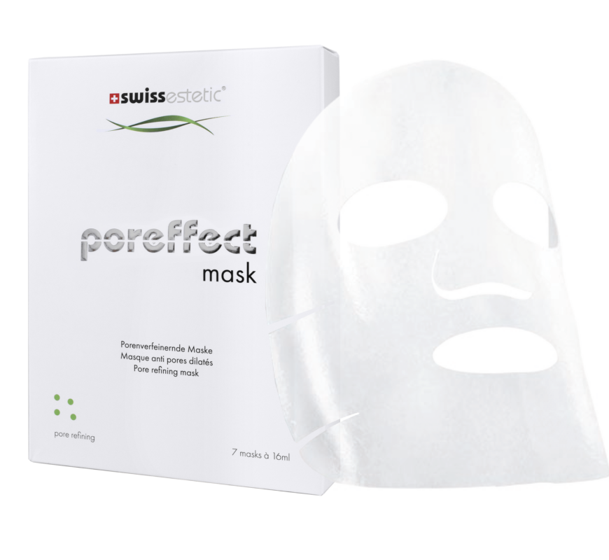 swissestetic poreffect mask – porenverfeinernde Vliesmaske mit klärendem Soforteffekt, Verpackung mit Maske, 7 × 16 ml.