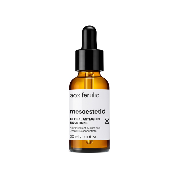 aox ferulic GLOBAL ANTIAGING SOLUTIONS Ein einzigartiges Zellschutzkonzentrat mit einer exklusiven Formel. Das Tagesserum wirkt antioxidant, gegen die frühzeitige Lichtalterung, schützt die Zellen und verleiht der Haut Leuchtkraft. 30 ml