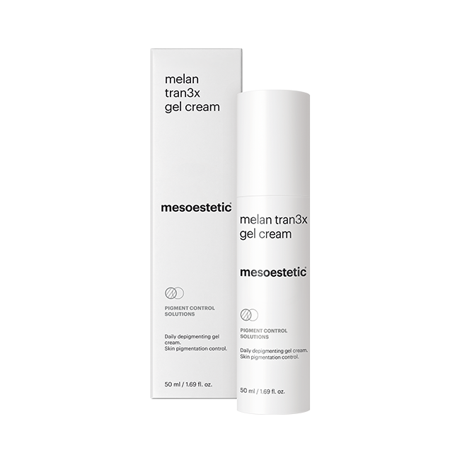 melan tran3x gel cream PIGMENT CONTROL SOLUTIONS Depigmentierende Creme für die tägliche Anwendung, die Pigmentstörungen progressiv behandelt, um ein gleichmäßigeres Hautbild zu erzielen. 50 ml