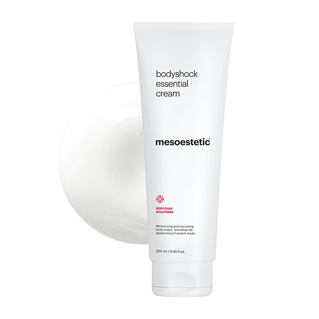 bodyshock® essential cream BODYCARE SOLUTIONS Feuchtigkeitsspendende und nährende Körpercreme. Vermindert das Auftreten von Dehnungsstreifen. 250 ml