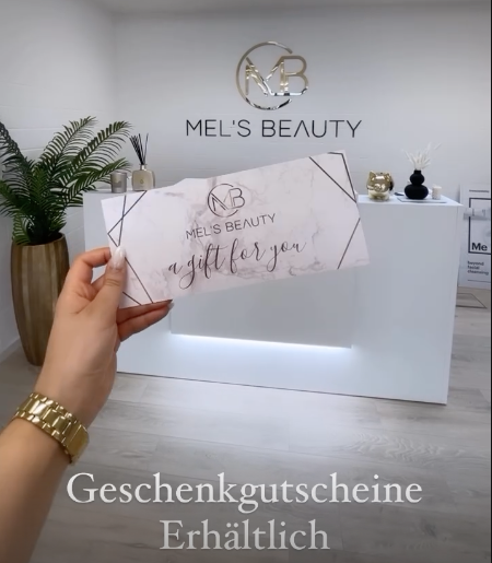 Geschenkgutscheine von Mel’s Beauty & Academy im Wert von 100, 150 und 200 CHF, ideal für Schönheits- und Wellness-Behandlungen in 5212 Hausen AG.