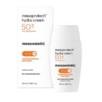 Tube und Verpackung der mesoprotech hydra cream SPF 50+ von mesoestetic, einer Sonnencreme für trockene und dehydrierte Haut mit hohem Schutz.
