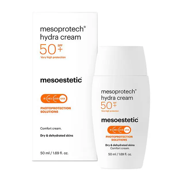 Tube und Verpackung der mesoprotech hydra cream SPF 50+ von mesoestetic, einer Sonnencreme für trockene und dehydrierte Haut mit hohem Schutz.