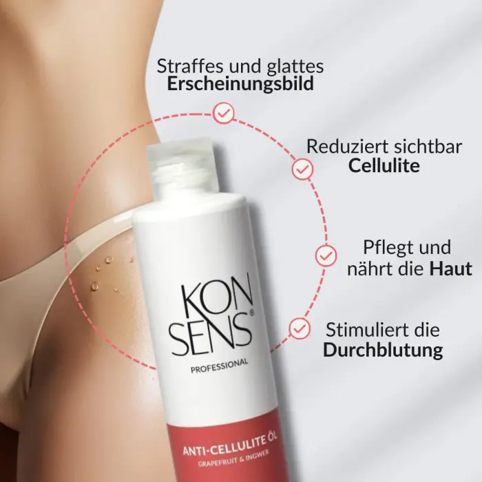 KONSENS Anti-Cellulite Öl bei Mel’s Beauty & Academy – Flasche vor glatter Haut mit Vorteilen wie Cellulite-Reduktion, Hautpflege und Durchblutungsförderung.