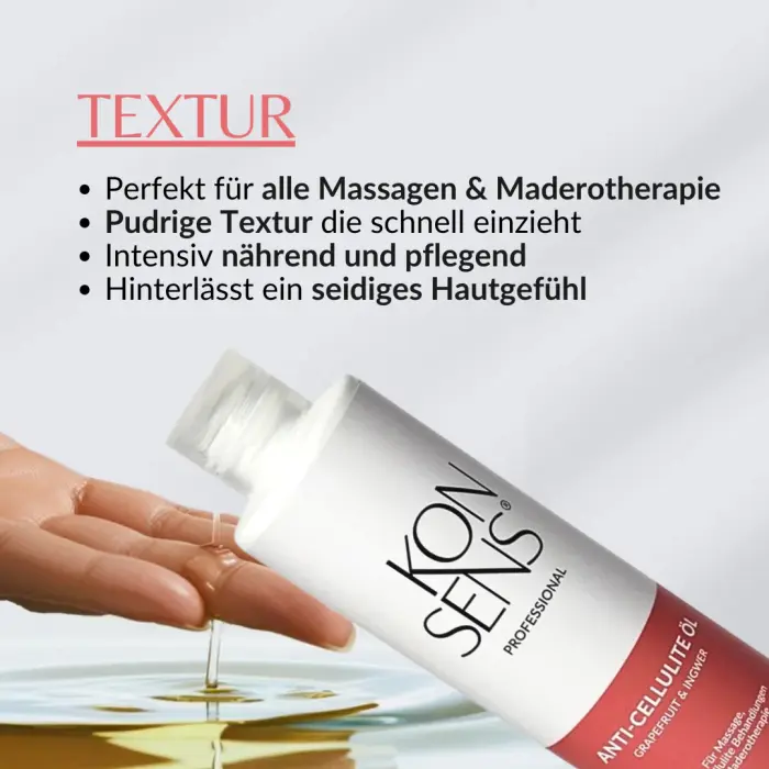 KONSENS Anti-Cellulite Öl mit tropfender Textur auf Handfläche – beworben als ideal für Massagen & Maderotherapie, zieht schnell ein, pflegt intensiv und hinterlässt ein seidiges Hautgefühl. Jetzt bei Mel’s Beauty & Academy.