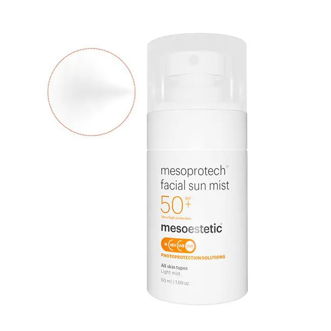 mesoprotech® facial sun mist SPF 50+ von mesoestetic® – Hochwirksamer Sonnenschutz im praktischen Sprayformat, ideal für unterwegs. Jetzt bei Mel’s Beauty & Academy erhältlich.