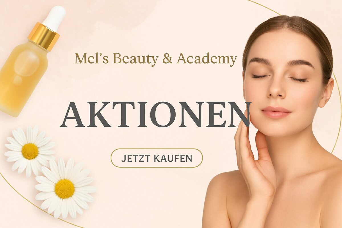 Werbebanner für Mel’s Beauty & Academy mit dem Schriftzug „Aktionen“, einem Gesichtsserum, einer Frau mit geschlossener Augenpartie, Gänseblümchen und Button „JETZT KAUFEN“ auf pastellrosa Hintergrund.