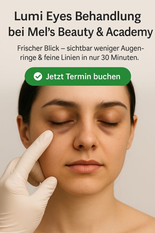 Frau mit Augenringen wird sanft unter dem Auge behandelt – Lumi Eyes Behandlung bei Mel’s Beauty & Academy